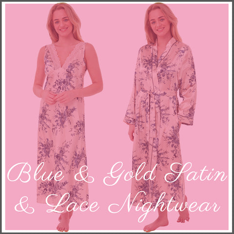 Blue & Gold Floral Satin & Lace Nightwear Collection