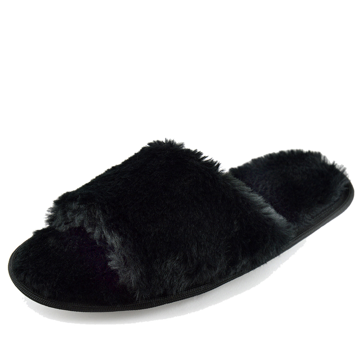 Sale Ladies Black Fluffy Open Toe Slippers Mule Slip On – Just For
