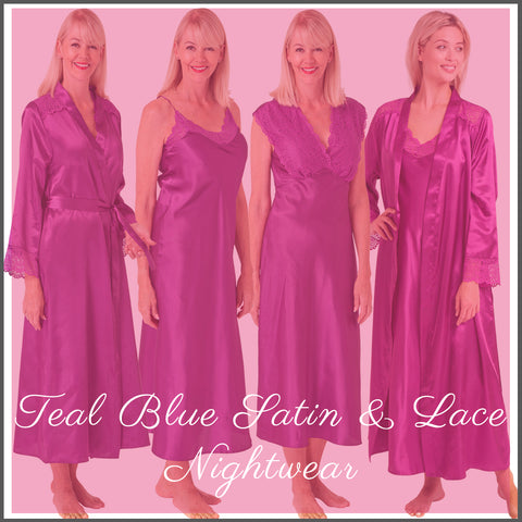 Plain Fuchsia Pink Satin & Lace Nightwear Collection