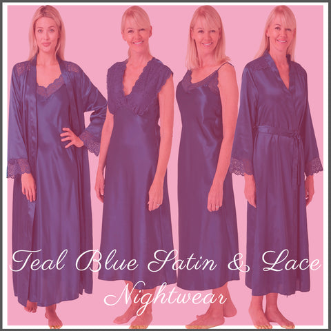 Plain Teal Blue Satin & Lace Nightwear Collection
