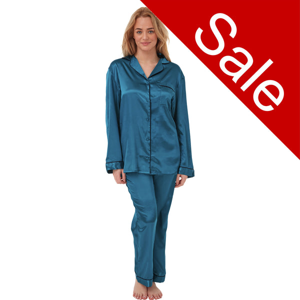 Sale Sexy Satin Plain Teal Blue Pyjamas PJs Set Black Detailing