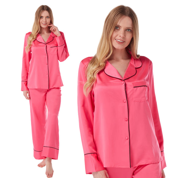 plain hot pink mat satin pjs set consisting of a shirt style top with full length sleeves, a collar, top pocket and a button up front with matching full length trousers in UK sizes 8, 10, 12, 14, 16, 18,