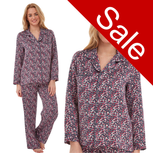 Sale Sexy Satin Navy Blue Pyjamas PJs Set Abstract Floral Spot Pattern