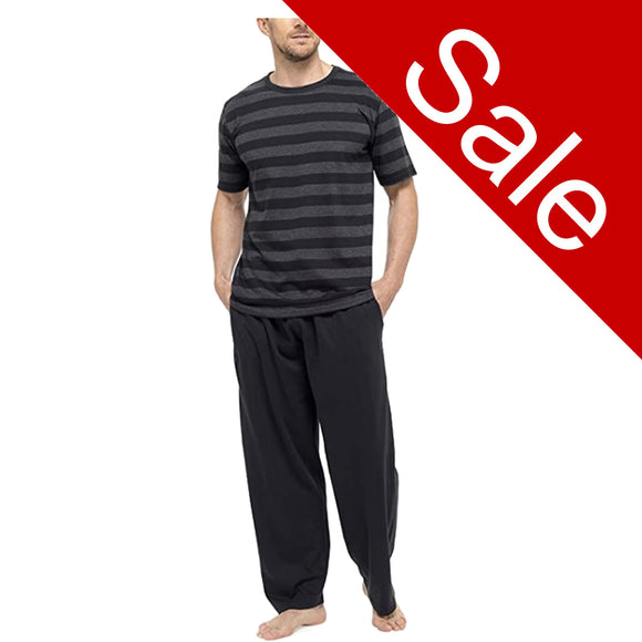 Sale Mens Black Grey Stripe PJs Pyjamas Set Short Sleeve T Shirt