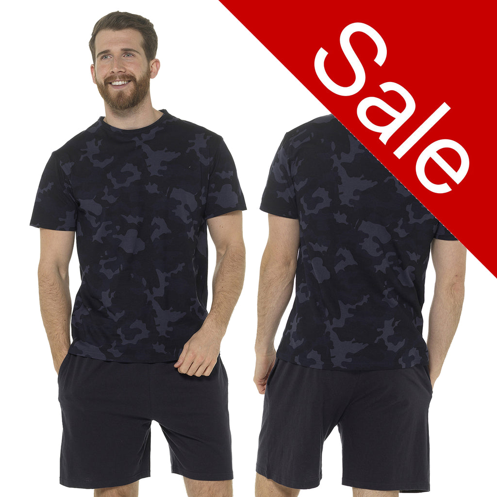 Sale Mens Blue Camo Camouflage Cotton PJs Pyjamas Set Short Sleeve T Shirt & Shorts