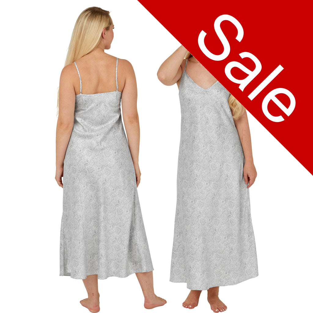 Sale Long Full Length Sexy Satin Grey Silver Paisley Print Chemise Nightdress PLUS SIZE