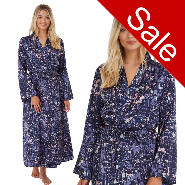 ladies navy blue and pink animal print silky shiny satin full length dressing gown, bathrobe, wrap, kimono with full length sleeves in UK sizes 10, 12, 