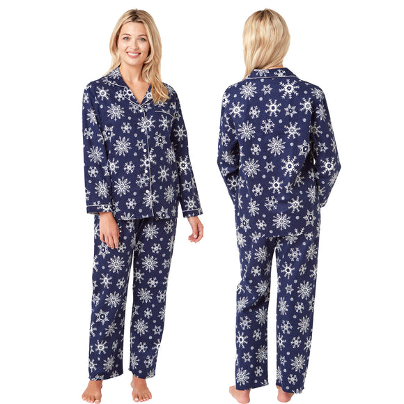 Navy Snowflake Print Flannelette Wincey PJs Pyjama Set 100% Cotton