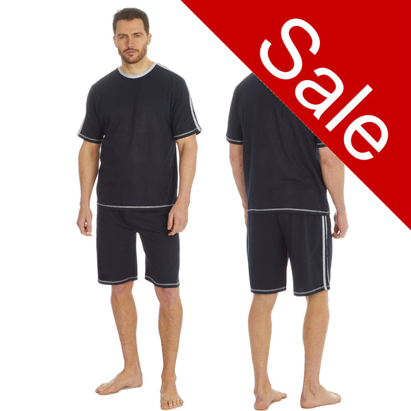 Sale Mens Navy PJs Pyjamas Set Short Sleeve T Shirt & Shorts Side Stripe