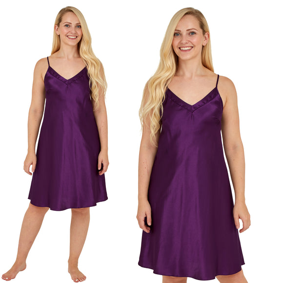 plain purple shiny silky satin chemise nightie which is knee length with adjustable straps and a vee neck detail in UK plus sizes 12, 14, 16, 18, 20, 22, 24, 26, 28, 30, 32