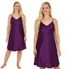 plain purple shiny silky satin chemise nightie which is knee length with adjustable straps and a vee neck detail in UK plus sizes 12, 14, 16, 18, 20, 22, 24, 26, 28, 30, 32