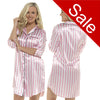 Sale Long Sleeve Pink Candy Stripe Sexy Silky Shiny Satin Nightshirt Knee Length