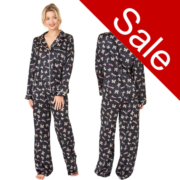 Sale Black Sexy Satin Dragonfly Print Pyjamas PJs Jammies Pajamas Set PLUS SIZE