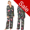 Sale Sexy Satin Black All Over Floral Print Pyjamas PJs Jammies Pajamas Set PLUS SIZE