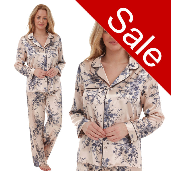 Sale Sexy Silky Shiny Satin Gold Blue Floral Pyjamas PJs Jammies Pajamas Set PLUS SIZE