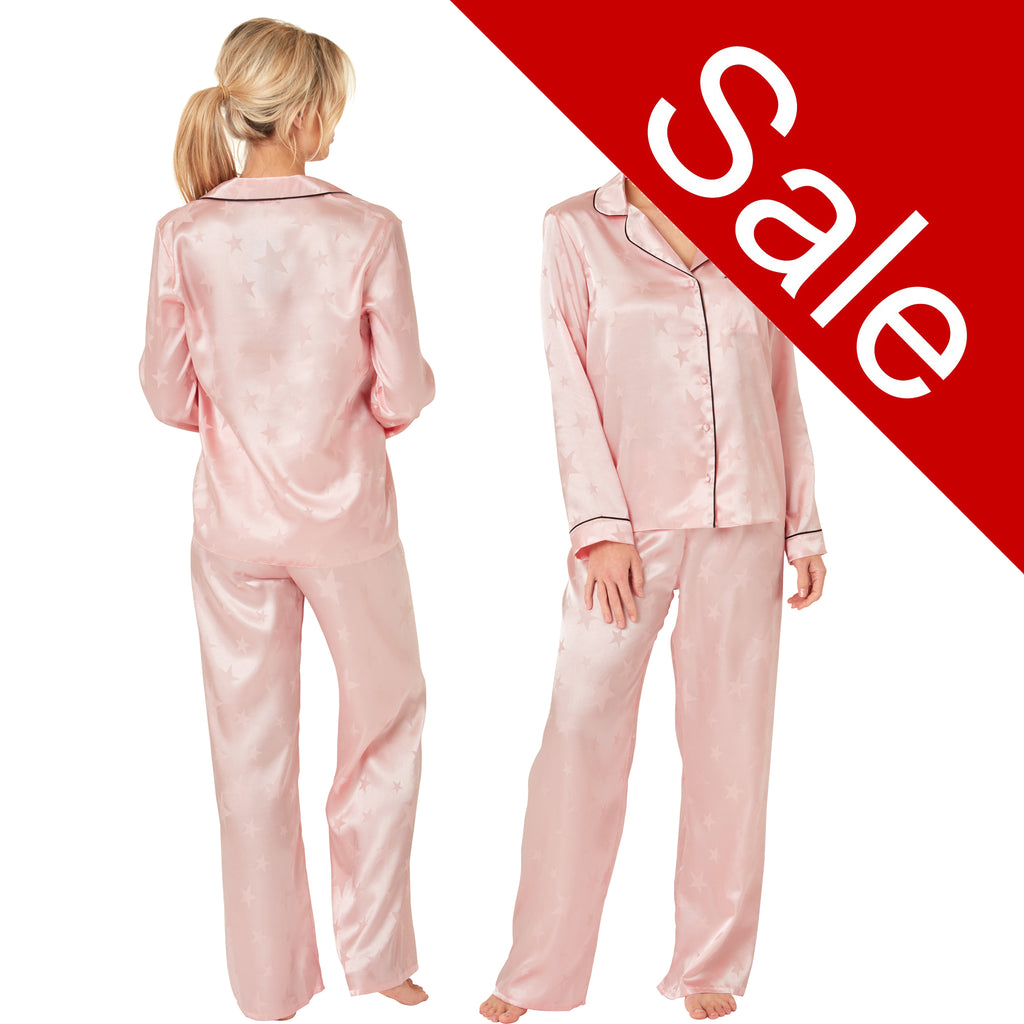 Sale Pink Sexy Jacquard Satin Star Print Pyjamas PJs Pajamas Jammies Set PLUS SIZE