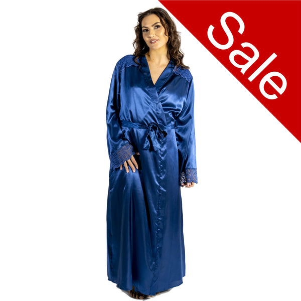 Sale Long Full Length Teal Blue Sexy Silky Shiny Satin Lace Wrap Bathrobe