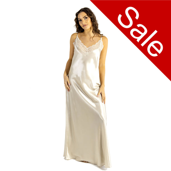 Sale Long Full Length Gold Beige Lace Sexy Shiny Silky Satin Chemise Nightdress