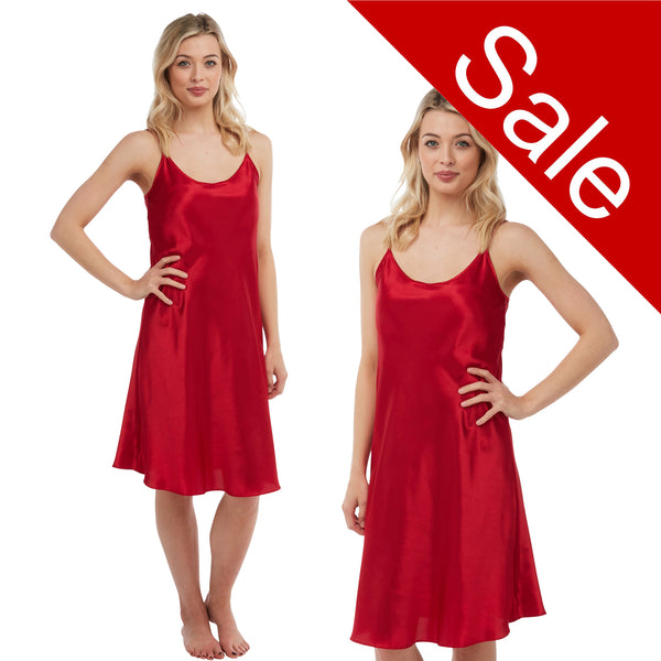 Sale Plain Red Silky Sexy Shiny Silky Satin Chemise Nightie Full Slip Negligee