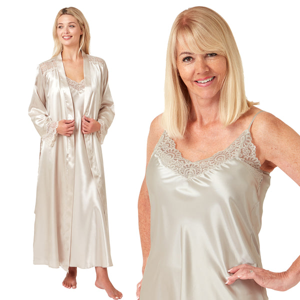 plain gold silky shiny satin and lace matching string adjustable strap nightdress and dressing gown robe set which is full length in UK plus sizes 14, 16, 18, 20, 22, 24, 26, 28