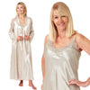 plain gold silky shiny satin and lace matching string adjustable strap nightdress and dressing gown robe set which is full length in UK plus sizes 14, 16, 18, 20, 22, 24, 26, 28