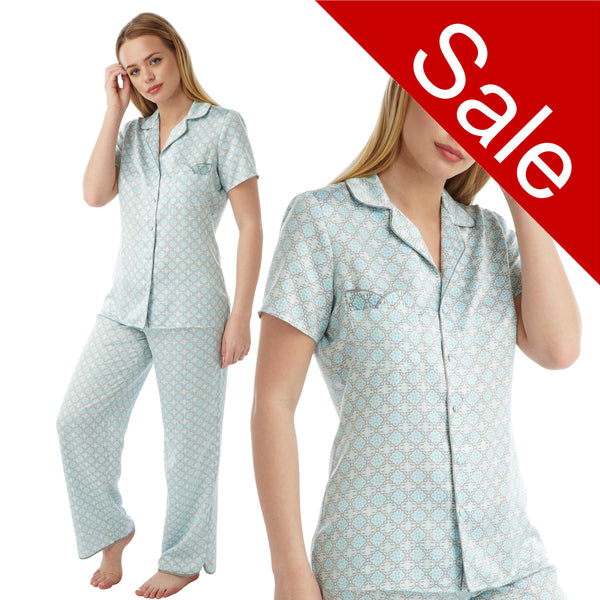 aqua blue murcia tile print mat satin pjs set consisting of a shirt style top with a collar, top pocket and button up front with matching full length trousers with an elasticated waist band in UK plus sizes 26, 28, 30