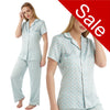 aqua blue murcia tile print mat satin pjs set consisting of a shirt style top with a collar, top pocket and button up front with matching full length trousers with an elasticated waist band in UK plus sizes 26, 28, 30