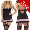 black babydoll with a rara frill 2 layer skirt with a built in padded bra with adjustable straps and a bra style hook and eye fastening at the back. The bra has matching frills around the cups. It has built in suspenders.