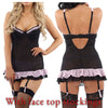 black babydoll with a rara frill 2 layer skirt with a built in padded bra with adjustable straps and a bra style hook and eye fastening at the back. The bra has matching frills around the cups. It has built in suspenders and this babydoll comes with floral lace top stockings. 