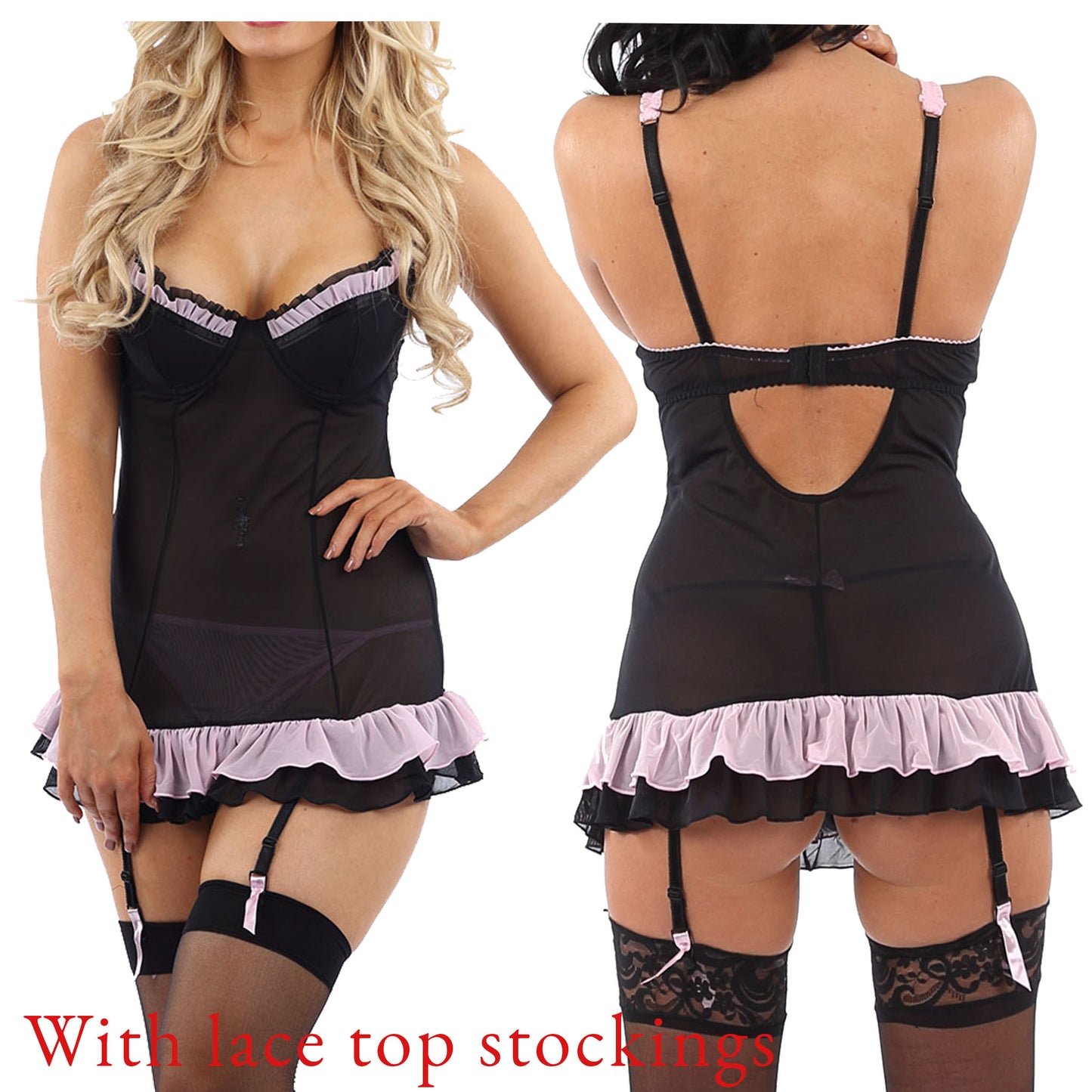 Sexy Black Dress Chemise Babydoll with Matching Stockings Negligee Lingerie