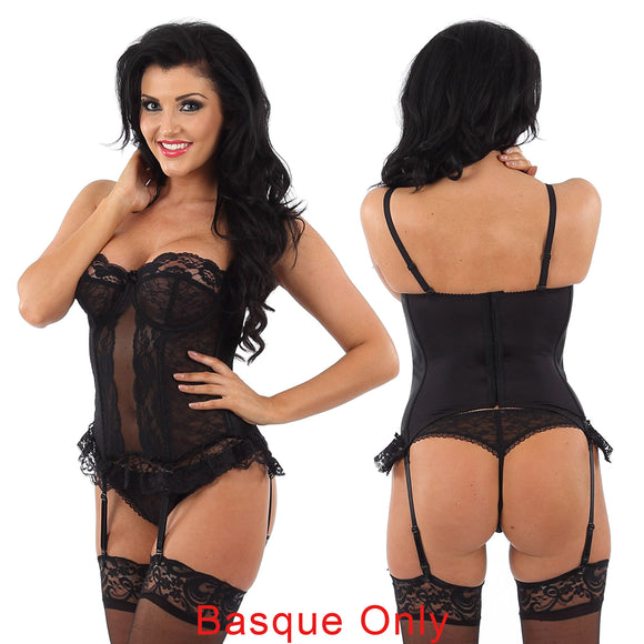 unpadded and underwired black floral lace basque with matching thong with vertical bones and detachable suspenders and straps in UK size 34D