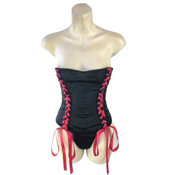 ladies black basque with thong which is laced with red ribbons at either side in UK bra size 38