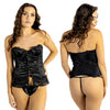 black satin and lace basque which laces up the front with suspenders and shoulder straps which are adjustable in UK bra plus sizes 34, 36, 38, 40, 42, 44