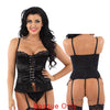 black satin and lace basque which laces up the front with suspenders and shoulder straps which are adjustable in UK bra plus sizes 34, 36, 38, 40, 42, 44