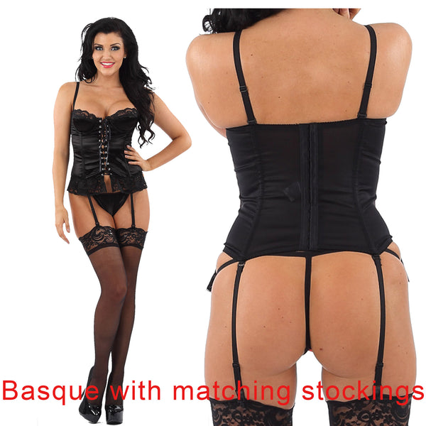 black satin and lace basque which laces up the front with suspenders and shoulder straps which are adjustable and it comes with matching stockings in UK bra plus sizes 34, 36, 38, 40, 42, 44