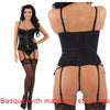 black satin and lace basque which laces up the front with suspenders and shoulder straps which are adjustable and it comes with matching stockings in UK bra plus sizes 34, 36, 38, 40, 42, 44