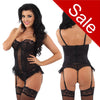 unpadded and underwired black floral lace basque with matching thong with vertical bones and detachable suspenders and straps in UK size 34D