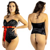 black satin basque with red ribbon bow detail hook and eye fastenings in UK bra sizes 34, 38, 40