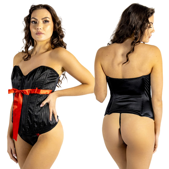 black satin basque with red ribbon bow detail hook and eye fastenings in UK bra sizes 34, 38, 40