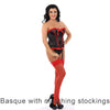 black satin basque with red ruffle and ribbon detailing and matching red stockings with bones for shape in UK bra sizes 34, 36, 38, 40