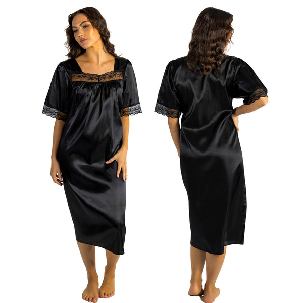 plain black shiny silky satin classic style mid length nightdress which is straight in fit with gathered fabric to the chest and elbow length sleeves. The chest and sleeves are trimmed with floral lace and it it available in UK plus sizes 8, 10, 12, 14, 16, 18, 20, 22, 24, 26, 28, 30, 32, 34
