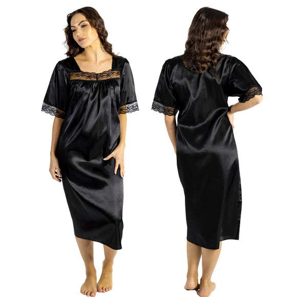 plain black shiny silky satin classic style mid length nightdress which is straight in fit with gathered fabric to the chest and elbow length sleeves. The chest and sleeves are trimmed with floral lace and it it available in UK plus sizes 8, 10, 12, 14, 16, 18, 20, 22, 24, 26, 28, 30, 32, 34