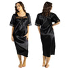 plain black shiny silky satin classic style mid length nightdress which is straight in fit with gathered fabric to the chest and elbow length sleeves. The chest and sleeves are trimmed with floral lace and it it available in UK plus sizes 8, 10, 12, 14, 16, 18, 20, 22, 24, 26, 28, 30, 32, 34