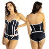 black basque and matching shorts with white stripe detailing and hook and eye fastenings in UK bra sizes 34D, 36B, 36C, 38B, 38C, 38D
