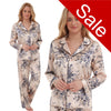 gold background with a blue floral print silky shiny satin pjs set consisting of a shirt style top with full length sleeves, a collar, top pocket and a button up front with matching full length trousers in UK plus sizes 18, 20, 22, 24, 26, 28