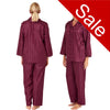 burgundy red jacquard stripe satin pjs set consisting of a shirt style top with a collar, top pocket and button up front with matching full length trousers with an elasticated waist band in UK plus sizes 12, 14, 16, 18, 20, 22, 24, 26