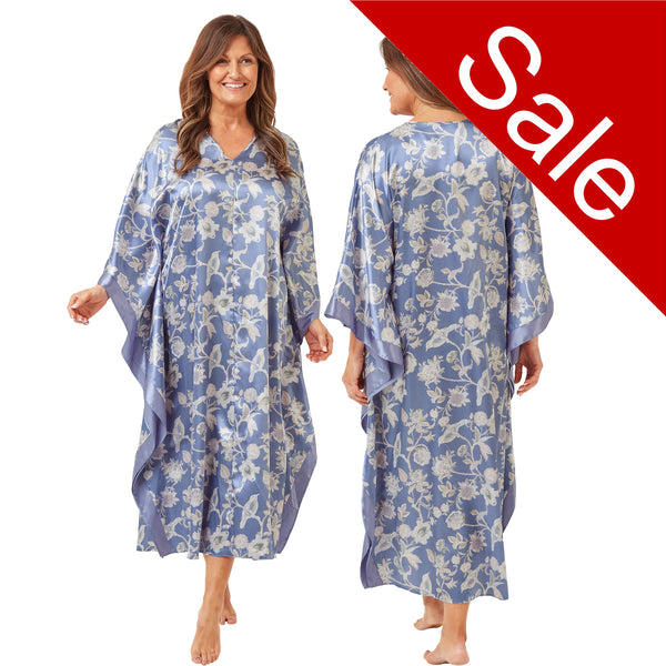 ladies floral light blue silky shiny satin in a full length kimono with full length sleeves trimmed with floral satin in UK sizes 10, 12, 14, 16, 18, 20,
