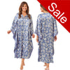 ladies floral light blue silky shiny satin in a full length kimono with full length sleeves trimmed with floral satin in UK sizes 10, 12, 14, 16, 18, 20,
