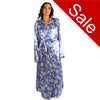 ladies floral light blue silky shiny satin and lace full length dressing gown, bathrobe, wrap, kimono with full length sleeves trimmed with lace in UK sizes 10, 12, 14, 16, 18, 20, 22, 24