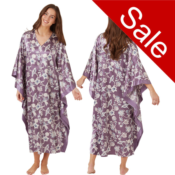 ladies floral lilac purple silky shiny satin in full length kimono with full length sleeves trimmed with floral satin in UK sizes 10, 12, 14, 16, 18, 20,